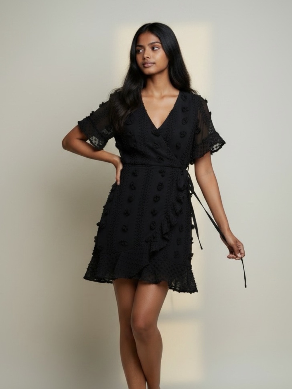 &merci Black 3D Floral Applique Ruffle Mini Wrap Dress